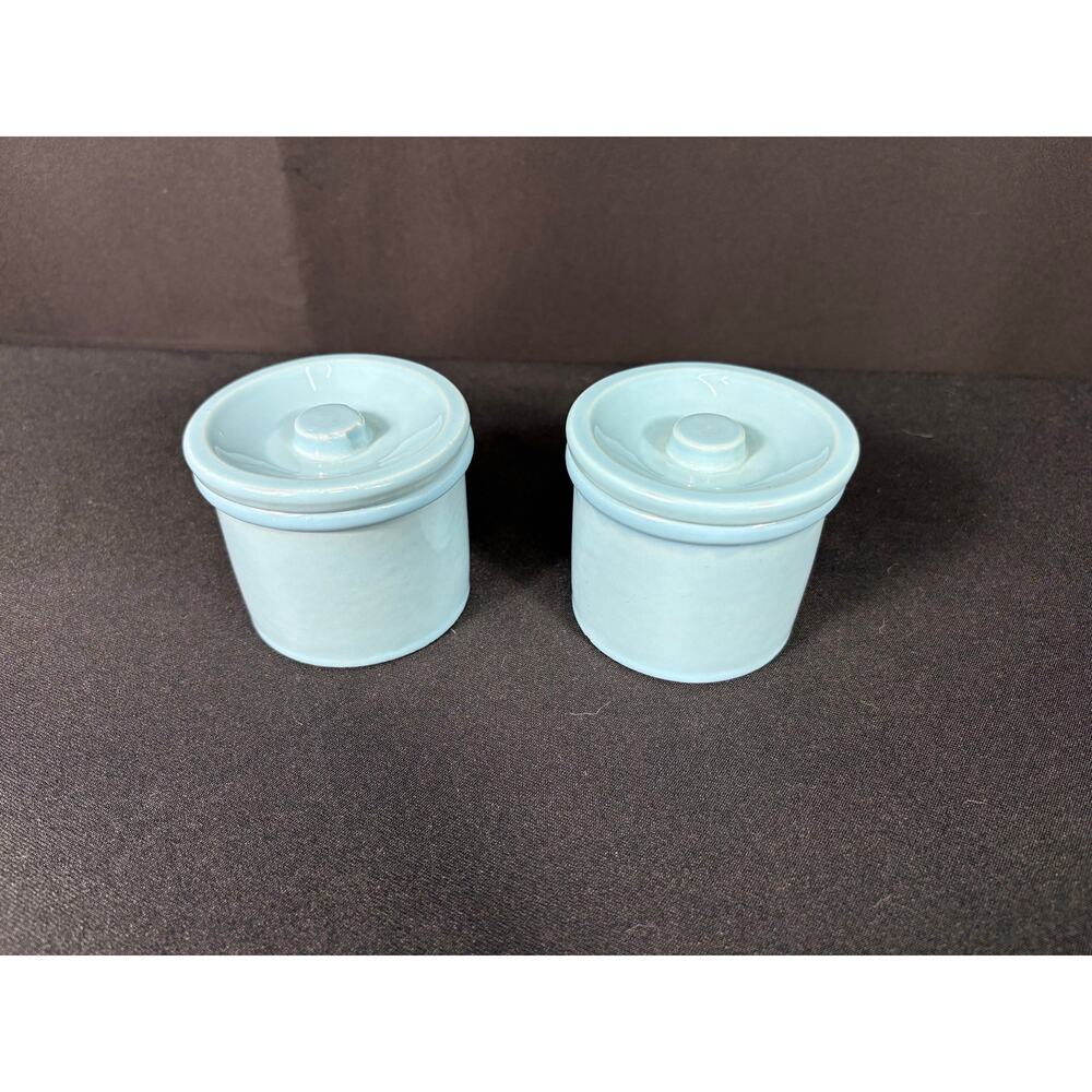 Vintage English Butter Stoneware Pottery Small Crocks with Lids Robins Egg Blue